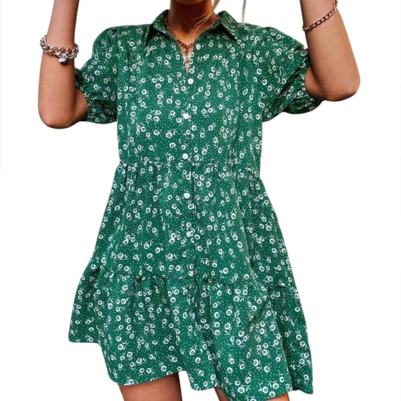 SHEIN Dresses & Skirts - Green Floral, baby doll , Puff Sleeve Ruffle Hem Smock Dress,Large,New